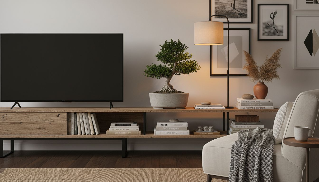 거실 TV 옆에 따뜻한 조명과 책들 사이에 멋스럽게 배치된 미니분재 인테리어 장면