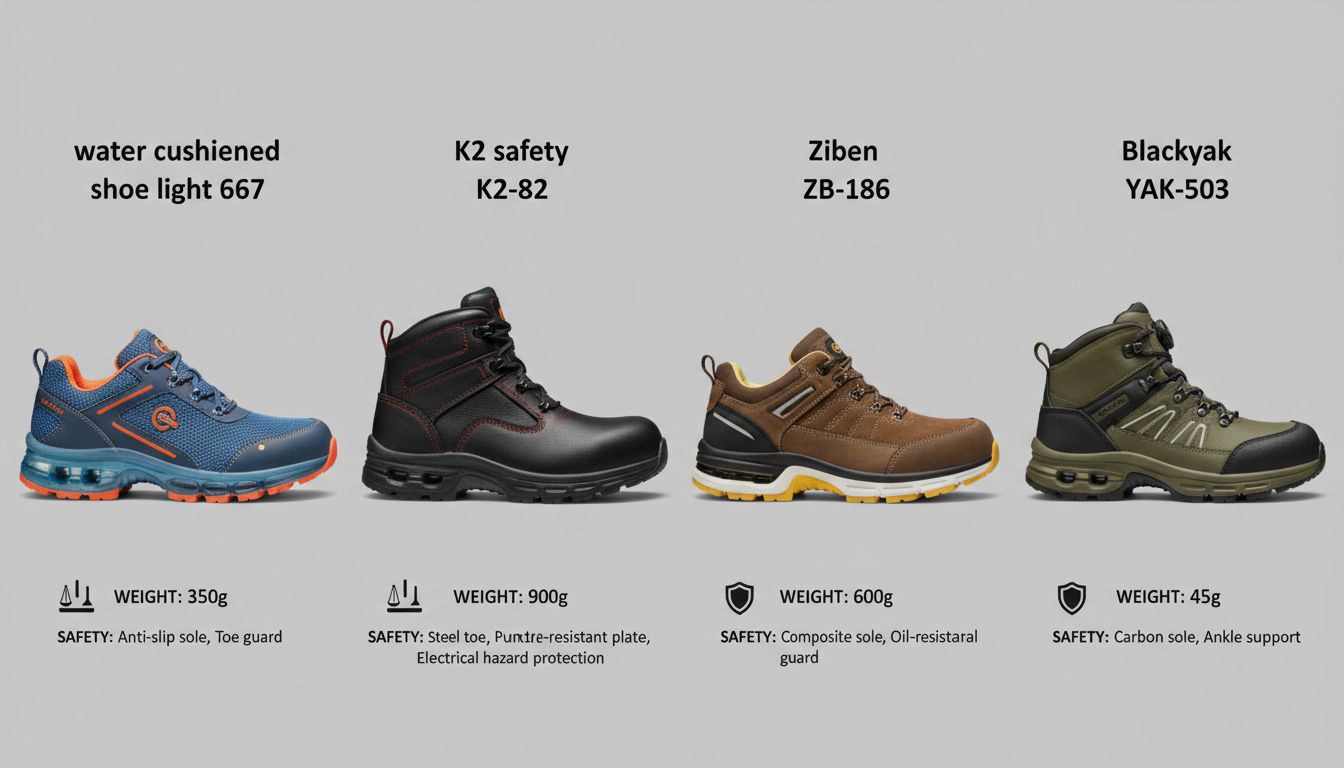 물컹슈즈 라이트 667, K2 세이프티 K2-82, 지벤 ZB-186, 블랙야크 YAK-503 작업화의 비교 이미지