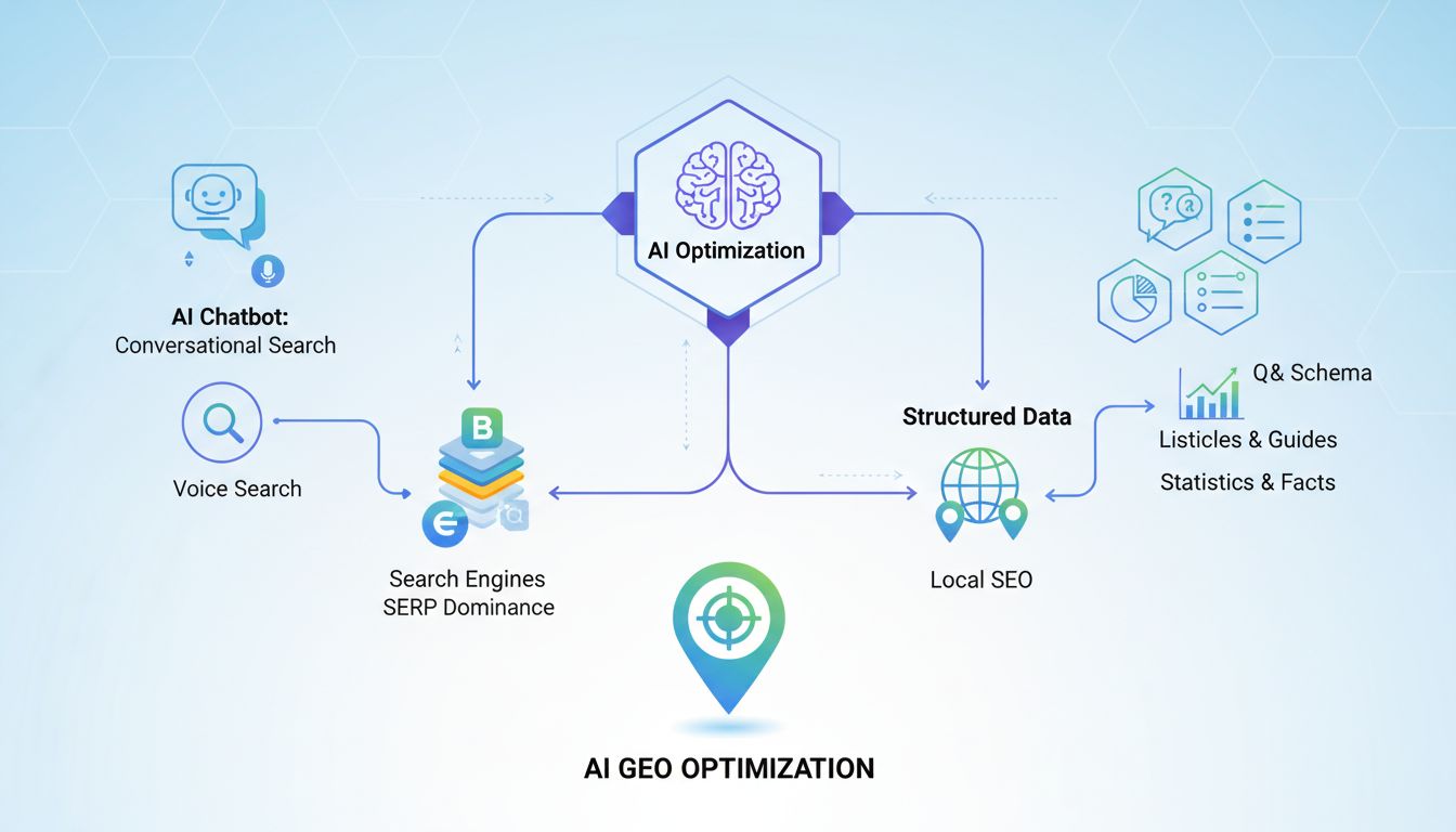 AI GEO 최적화 개념을 시각적으로 표현한 현대적인 인포그래픽 이미지