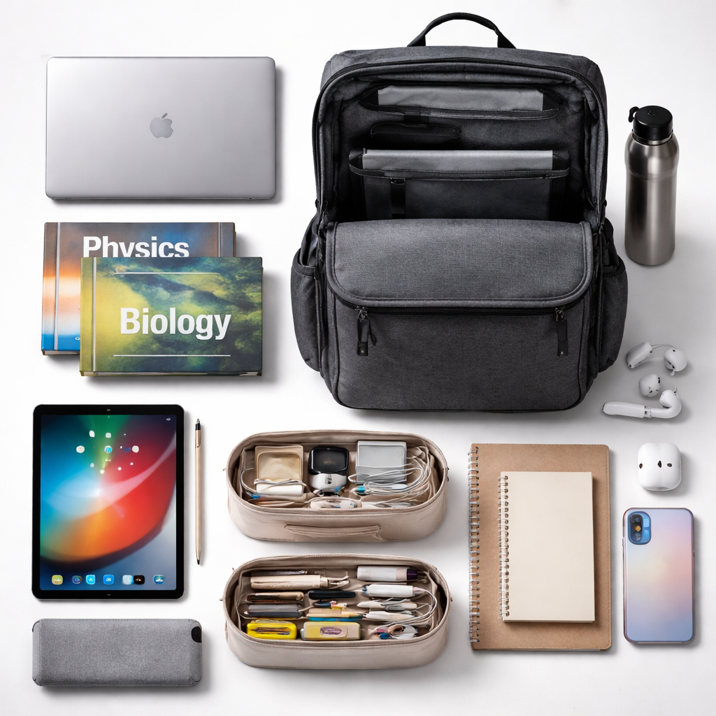 대학생 일상 필수품이 노르디스크 카리나 백팩에 넉넉하게 수납된 모습