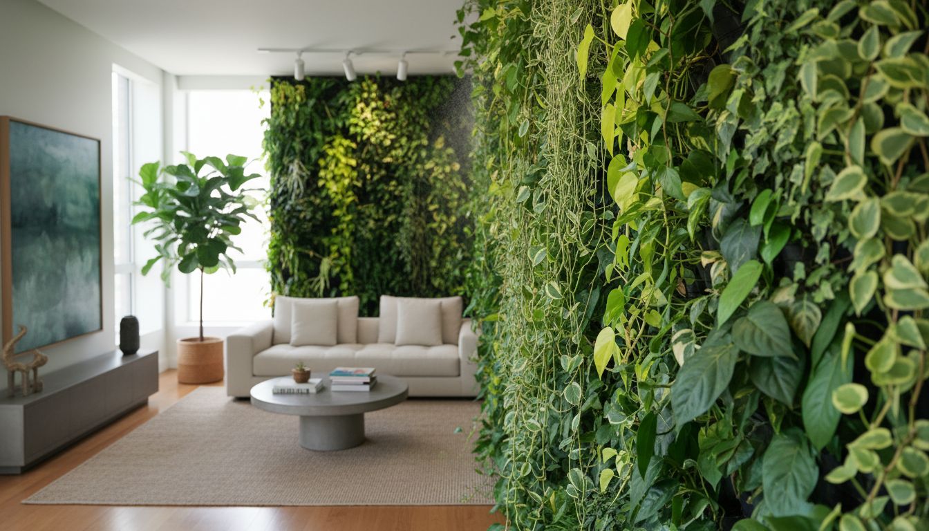 현대 아파트 거실에 수직 정원으로 꾸며진 풍성한 덩굴 식물들이 있는 모습