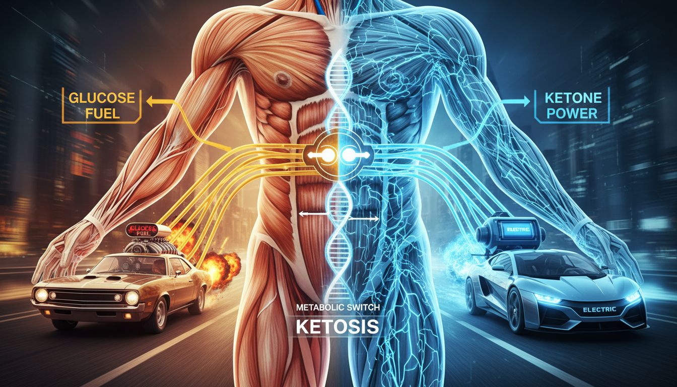 케토시스 상태에서 포도당 연소 모드와 케톤체 연소 모드로 에너지 전환하는 인체와 자동차 이미지