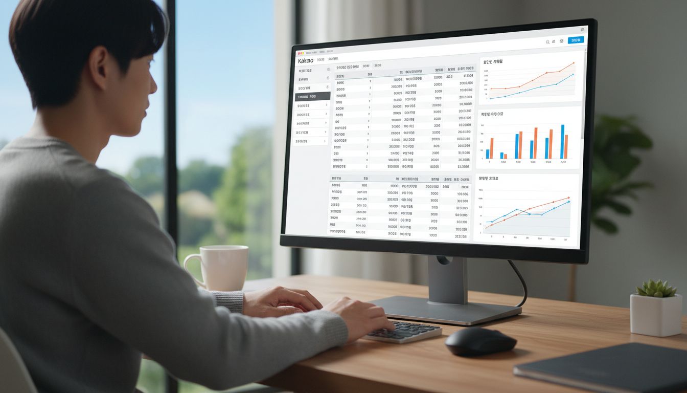 카카오 키워드 플래너 화면을 보며 키워드 검색량과 데이터를 확인하는 장면