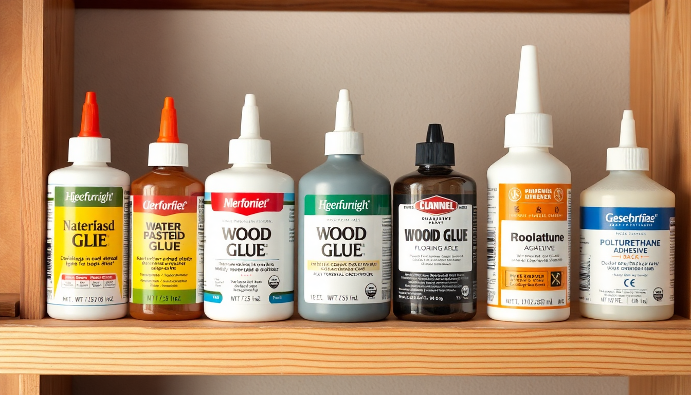 DIY 작업실에서 수성 본드, 목공 본드, 우레탄폼 본드가 가지런히 놓여 있는 모습