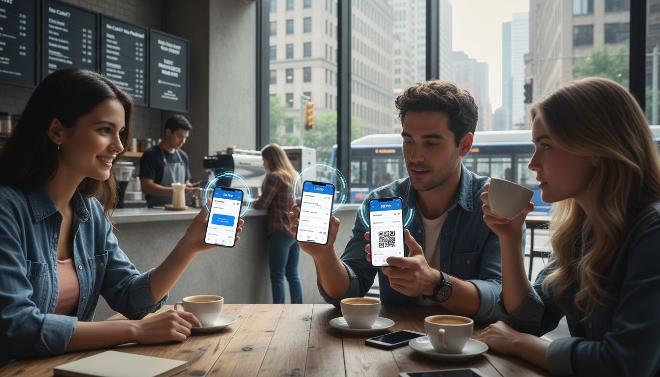 현대적인 도시 카페에서 모바일 폰으로 KB페이 앱을 사용하는 젊은층의 모습