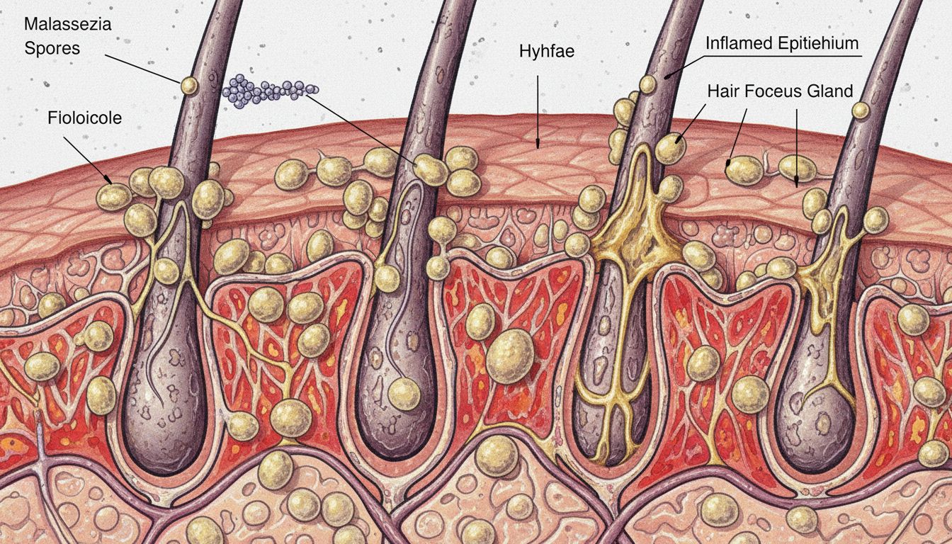 말라세지아 진균이 두피 위에서 증식하는 과정을 보여주는 실감나는 미시적 이미지