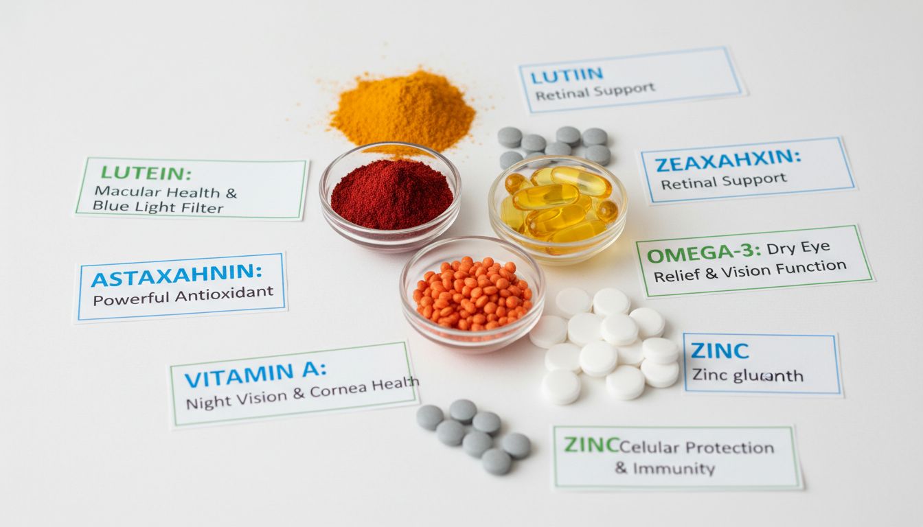 눈 건강에 좋은 루테인, 지아잔틴, 아스타잔틴, 오메가-3, 비타민 A, 아연 성분들의 고해상도 실사 이미지