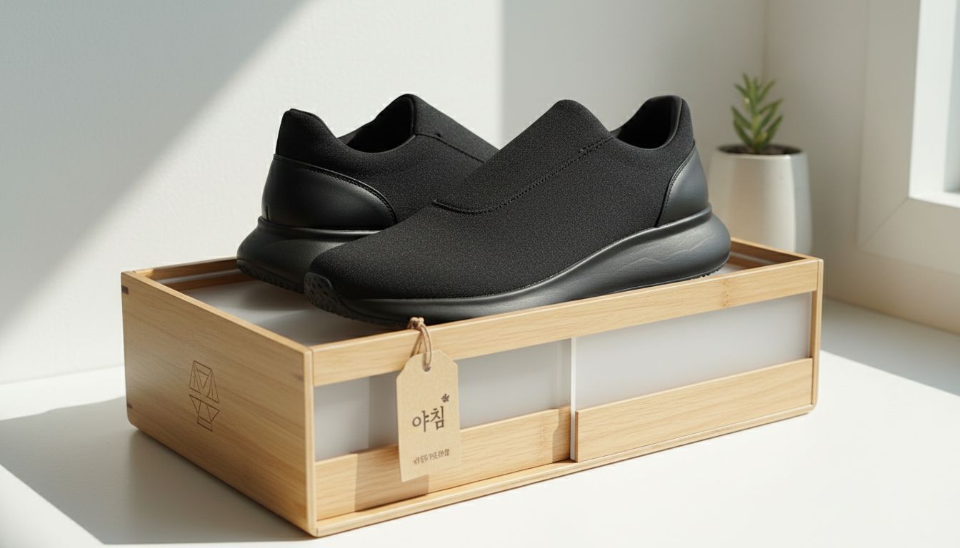 깔끔한 미니멀 디자인의 블랙 물컹슈즈 2.0 운동화와 한국 스타일의 정품 박스 모습