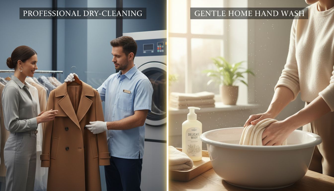 드라이클리닝 서비스와 집에서 부드럽게 손세탁하는 모습이 비교되는 장면