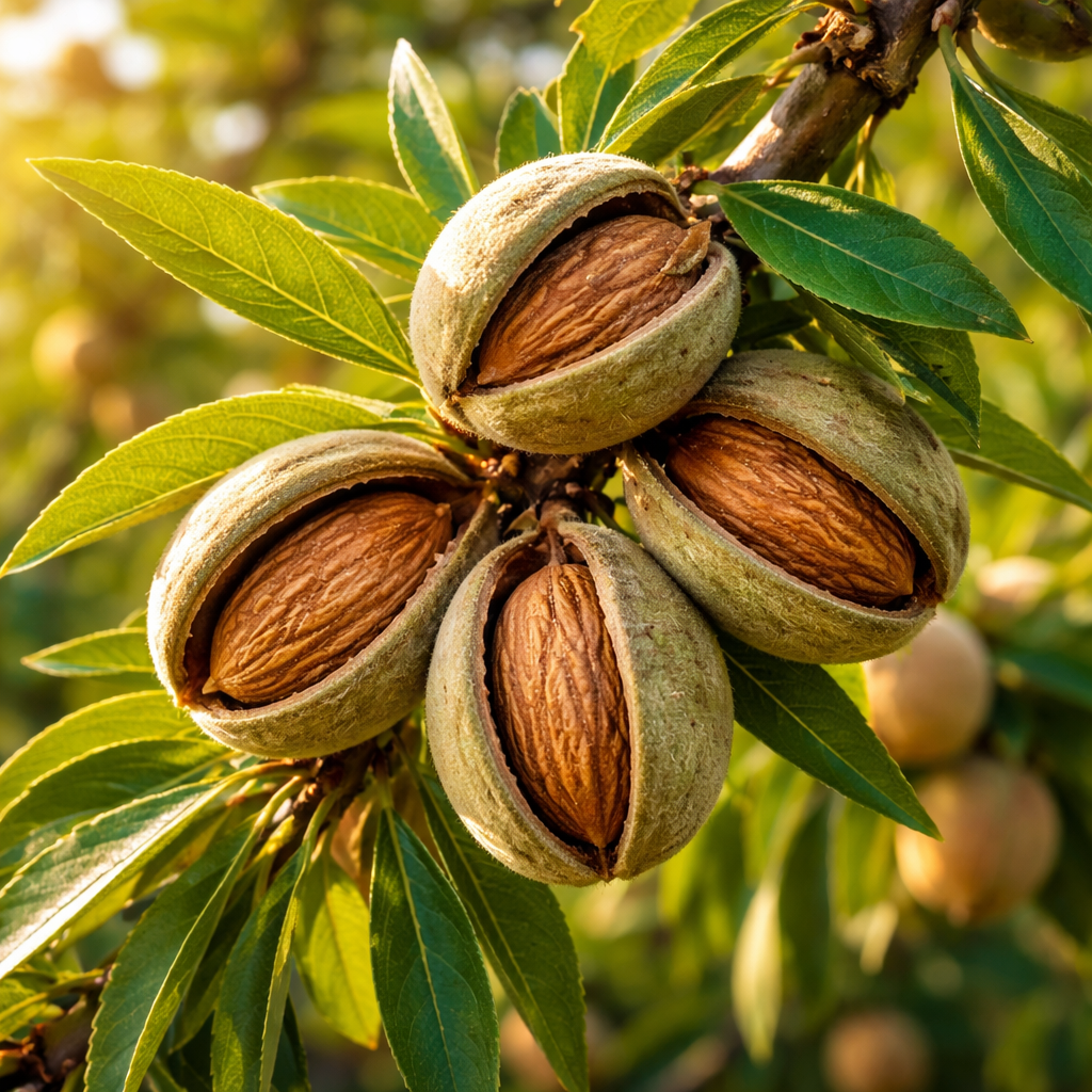 유기농 아몬드가 나무에 달려 있는 자연 그대로의 모습