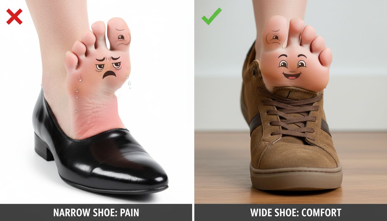 좁은 신발을 신어 불편해하는 발과 넓은 신발을 신어 편안한 발의 비교 이미지