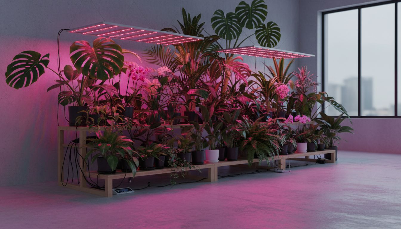 실내 원예용 LED 식물등이 청색과 적색 스펙트럼 빛을 쏘며 식물 성장을 돕는 모습