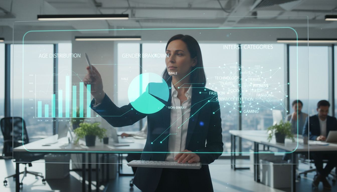 성별, 연령대, 관심사 등 인구통계 데이터를 분석하는 모습
