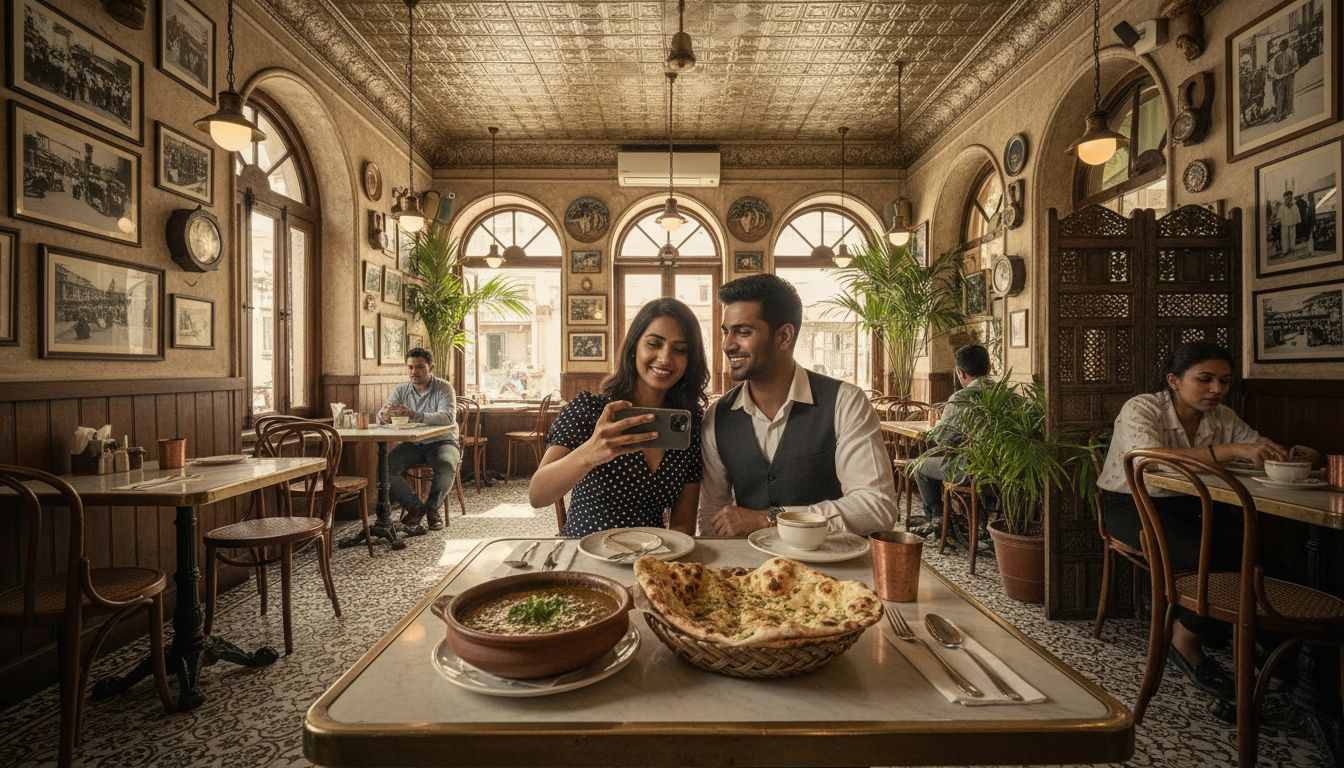 1960년대 뭄바이 이라니안 카페 콘셉트의 앤티크 인테리어와 커플이 음식과 사진을 즐기는 모습