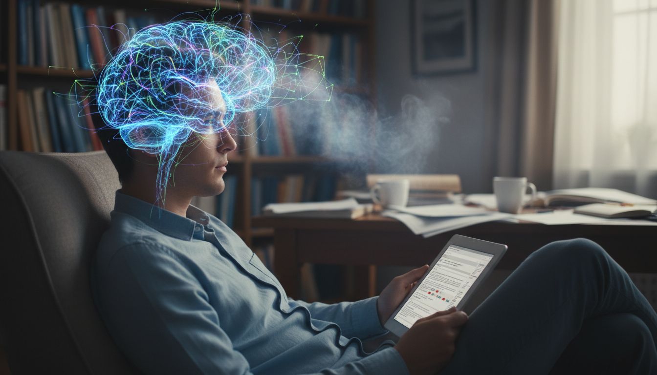 겉으로는 조용하지만 머릿속은 복잡한 정신 상태를 표현한 이미지