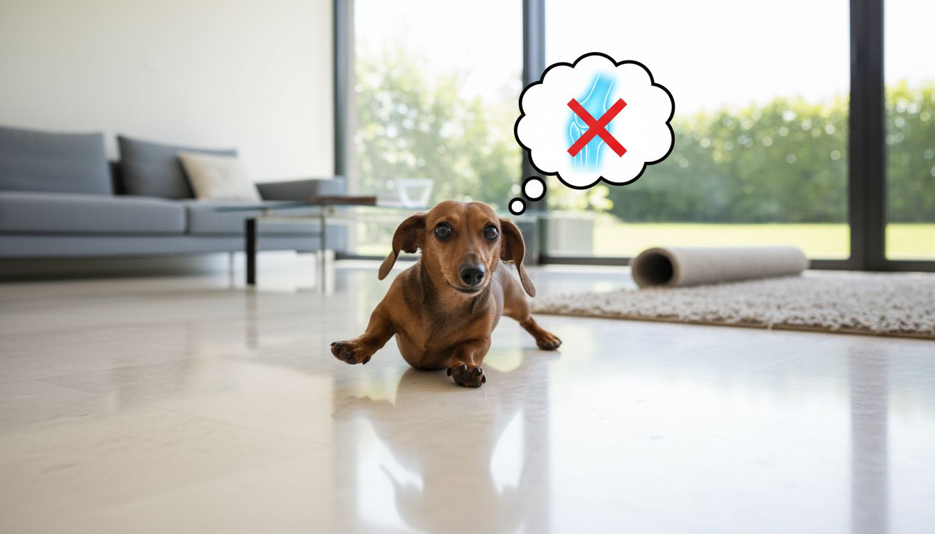 미끄러운 바닥에서 미끄러지는 강아지 모습과 관절 보호의 중요성을 강조하는 이미지