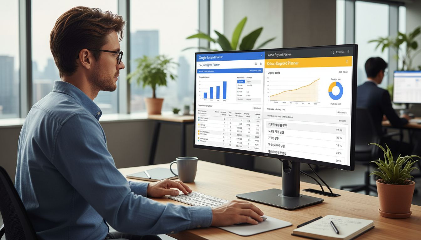 구글과 카카오 키워드 플래너 데이터를 분석하는 마케터의 모습
