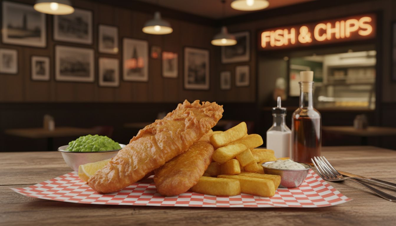 전통적인 런던 피쉬앤칩스와 머시 피스, 타르타르 소스가 함께 제공된 식사 장면