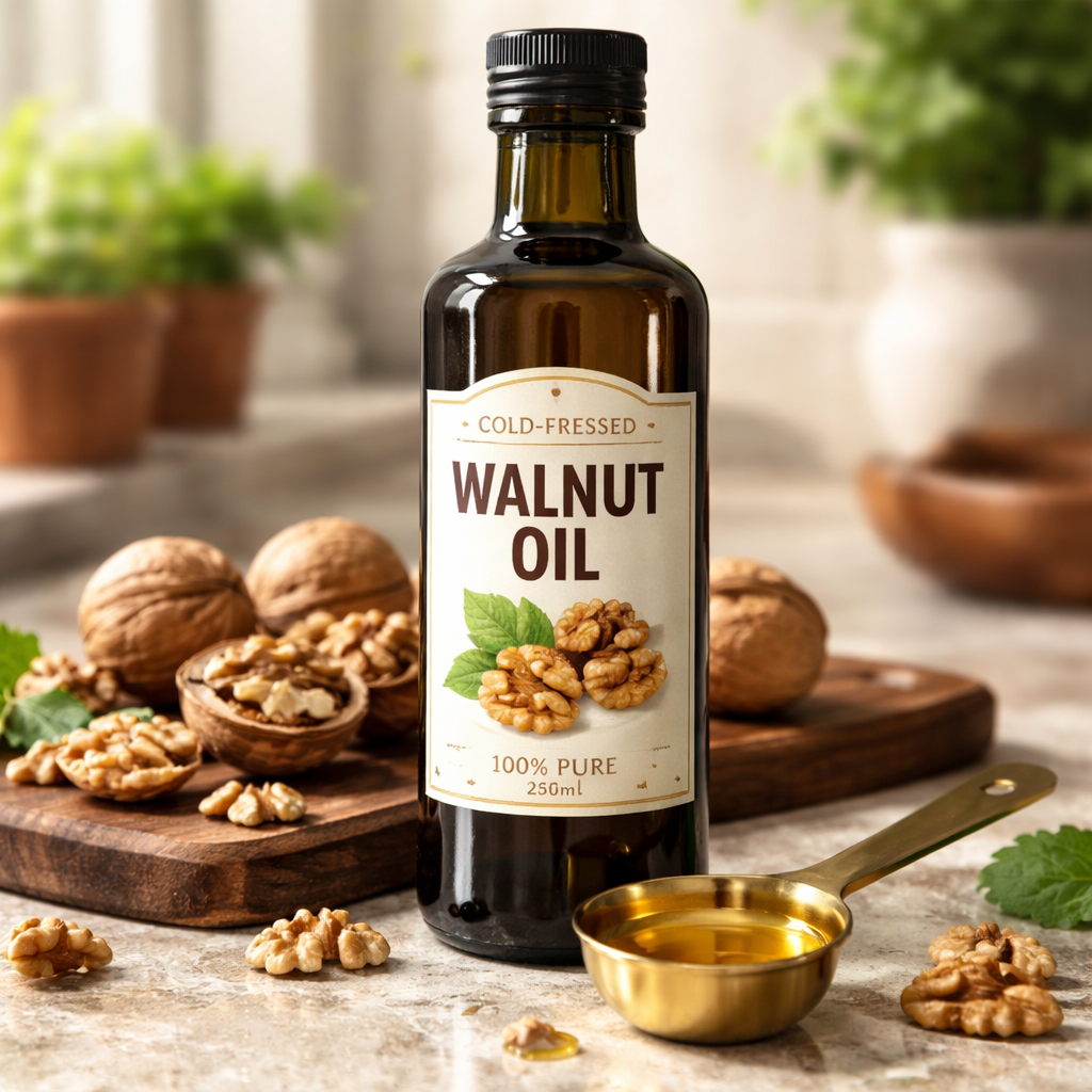 저온 압착 방식으로 추출한 호두 오일이 담긴 어두운 유리병과 신선한 호두, 측정 스푼이 놓인 주방 풍경