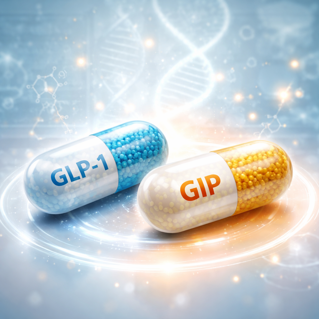 이중 작용제로서 GLP-1과 GIP 수용체를 동시에 활성화하는 비만 치료제의 과학적이고 현대적인 이미지