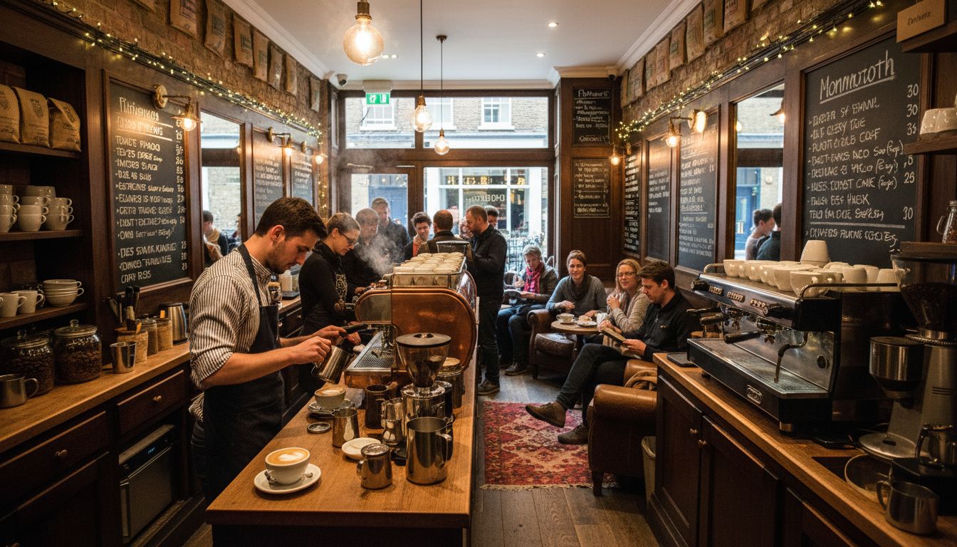모넘스 커피 컴퍼니 내부에서 바리스타가 플랫 화이트 커피를 만드는 모습