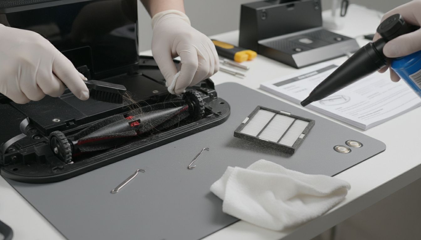 로봇청소기의 브러시와 바퀴를 청소하고 필터와 충전 단자를 관리하는 모습