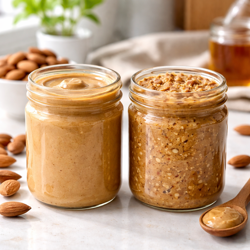 부드러운 스무스 아몬드버터와 아몬드 조각이 보이는 크런치 아몬드버터가 나란히 놓인 주방 조리대 사진