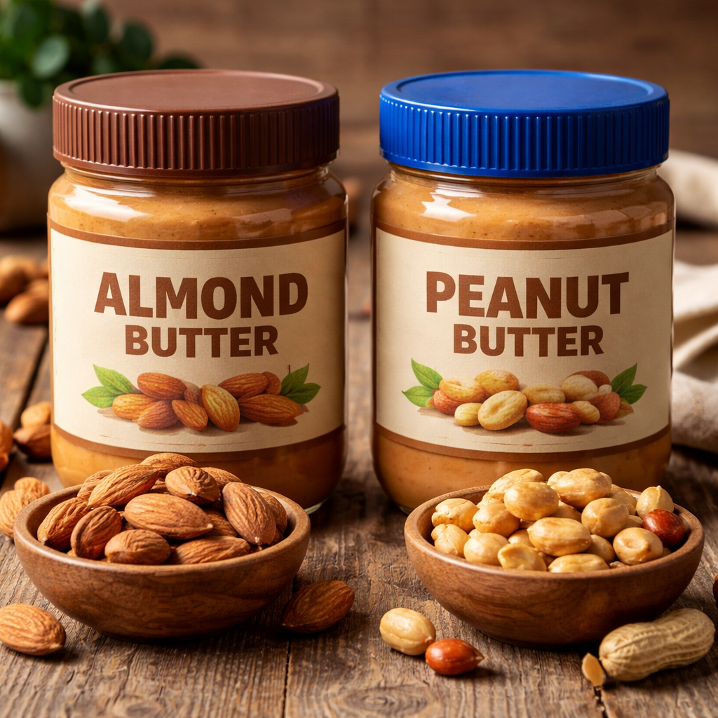 아몬드버터와 땅콩버터를 나란히 놓고 각각 앞에 아몬드와 땅콩을 담은 그릇이 있어 두 견과류 버터를 비교하는 사진