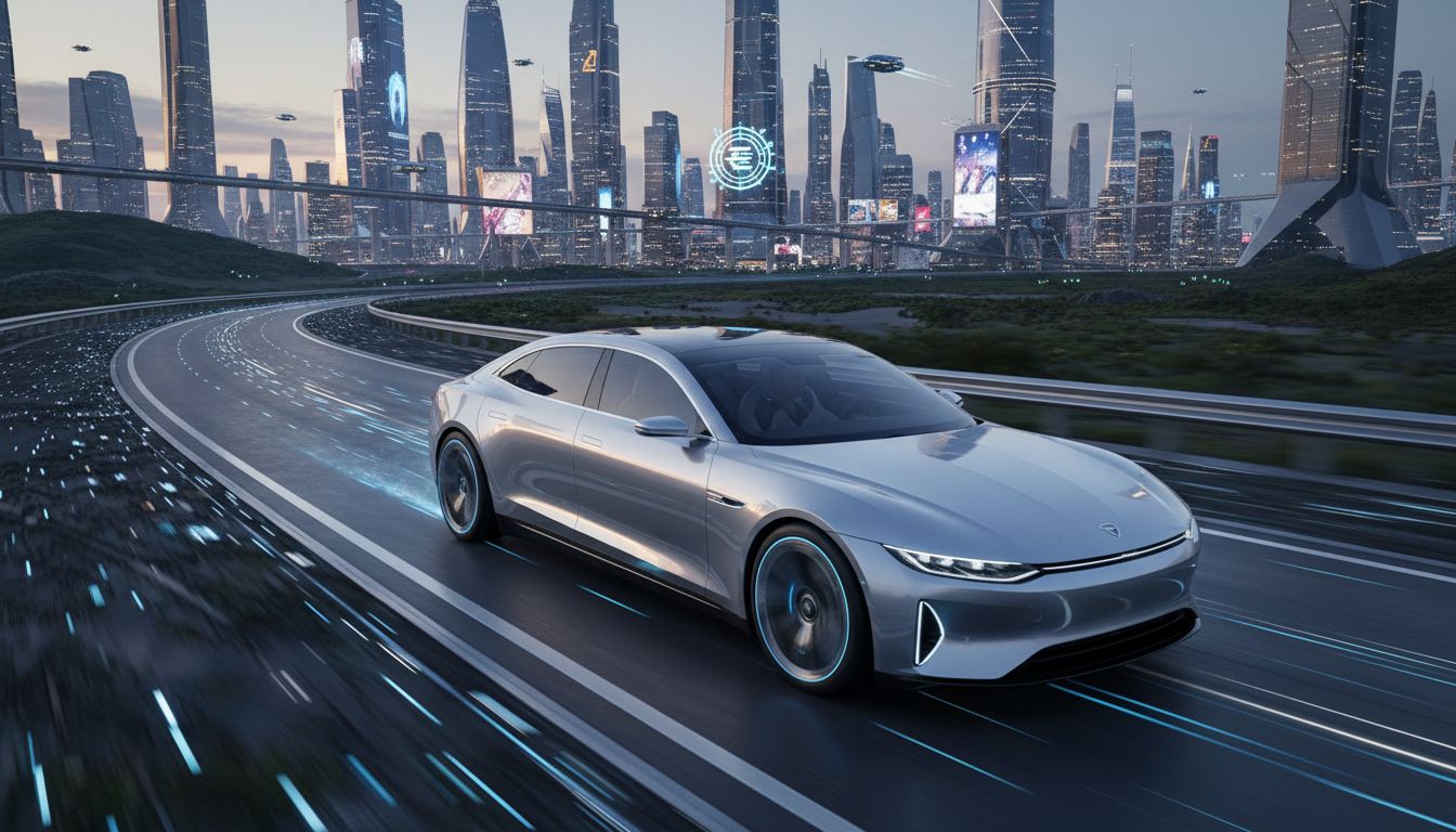 혁신적인 디자인과 첨단 기술을 상징하는 미래 도시를 배경으로 한 고급 전기 세단의 실사 이미지