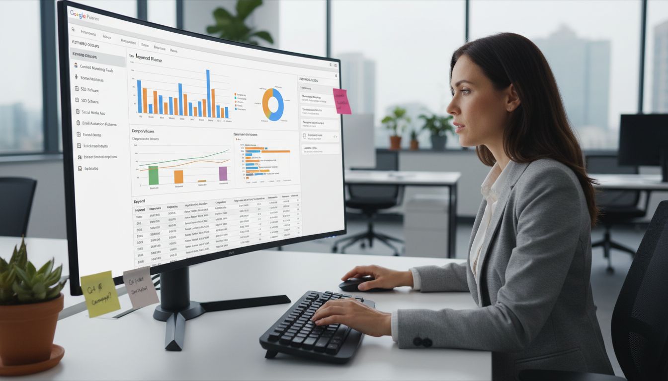 키워드 플래너의 고급 기능과 데이터 분석 화면을 보고 있는 디지털 마케터의 모습