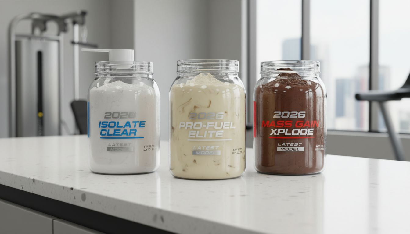 2026년 최신 인기 프로틴 보충제 3종이 체육관 카운터에 나란히 진열된 고화질 실사 이미지