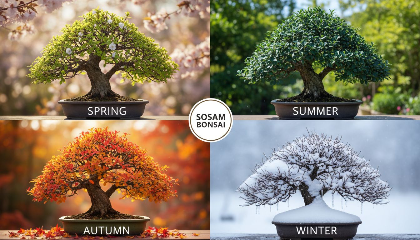 사계절의 변화를 보여주는 소사나무 분재의 봄, 여름, 가을, 겨울 모습