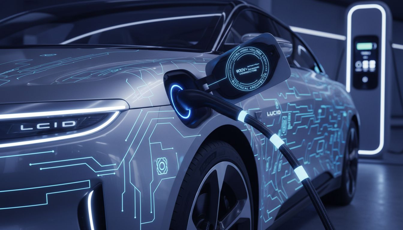 루시드 에어의 900V 이상 초고전압 아키텍처와 고속 충전 포트를 클로즈업한 모습, 전기 에너지 흐름이 시각적으로 표현된 이미지