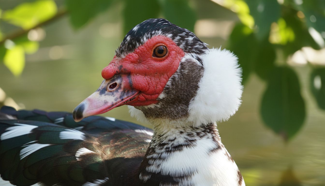 머스코비 오리의 독특하고 풍성한 솜털 클러스터를 클로즈업한 사진