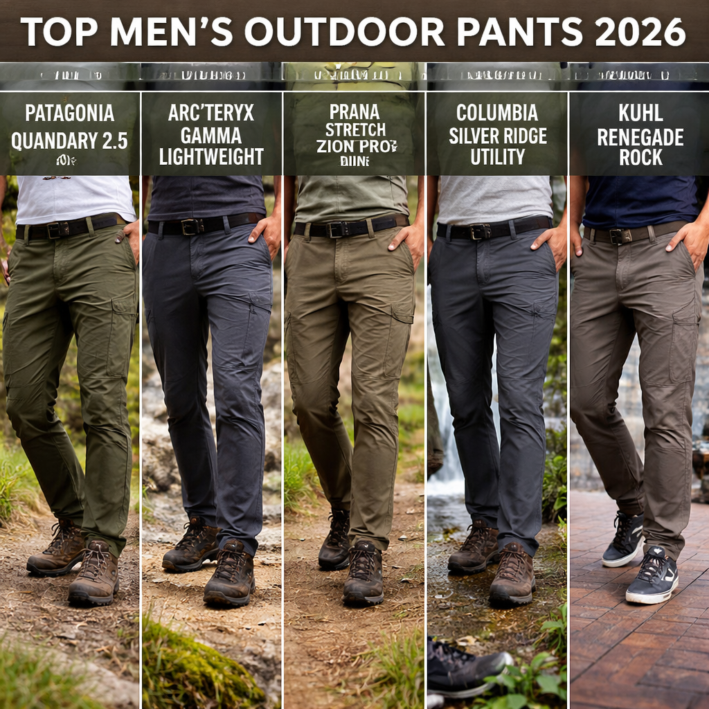 2026년 최고의 아웃도어 팬츠 5종을 보여주는 비교 이미지, 다양한 활동에 맞춘 스타일과 기능성 강조
