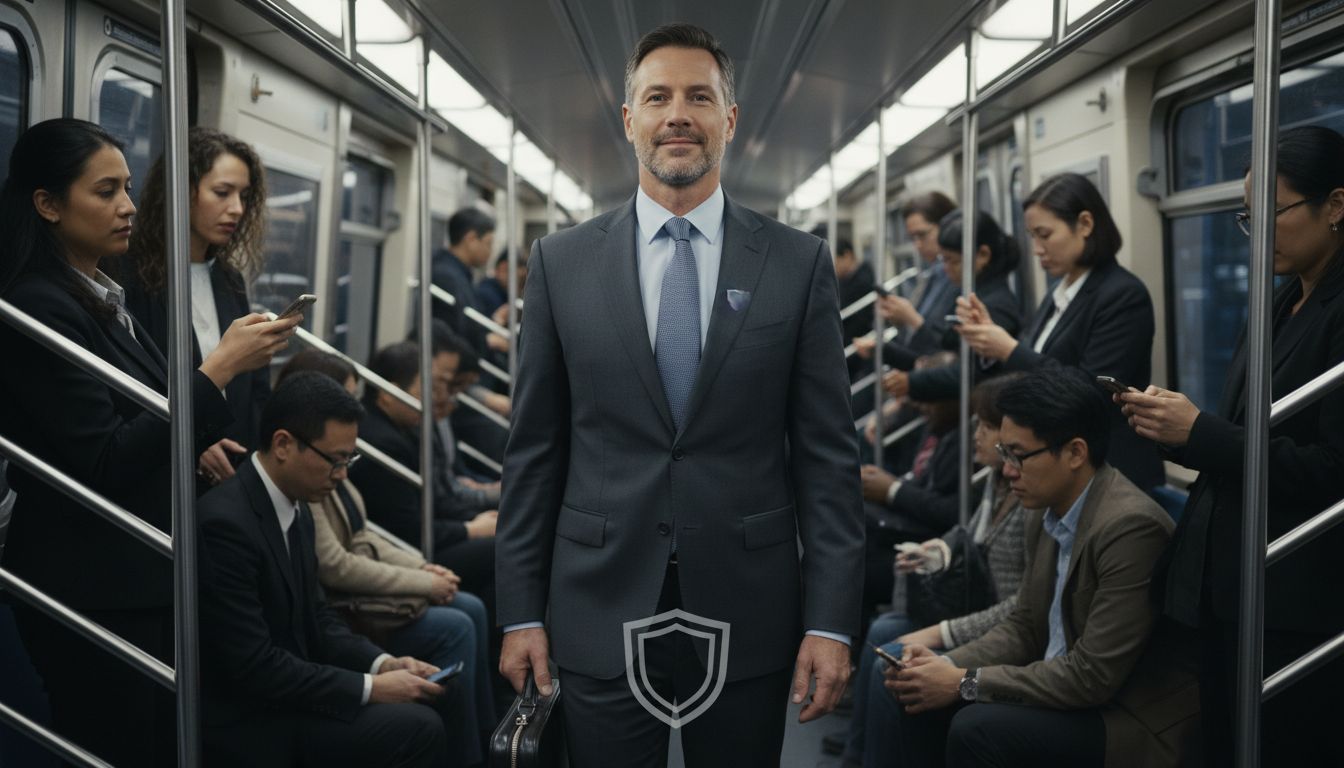 중년 남성이 대중교통 안에서 자신감 있게 서 있는 모습, 체취 걱정 없이 상쾌한 이미지