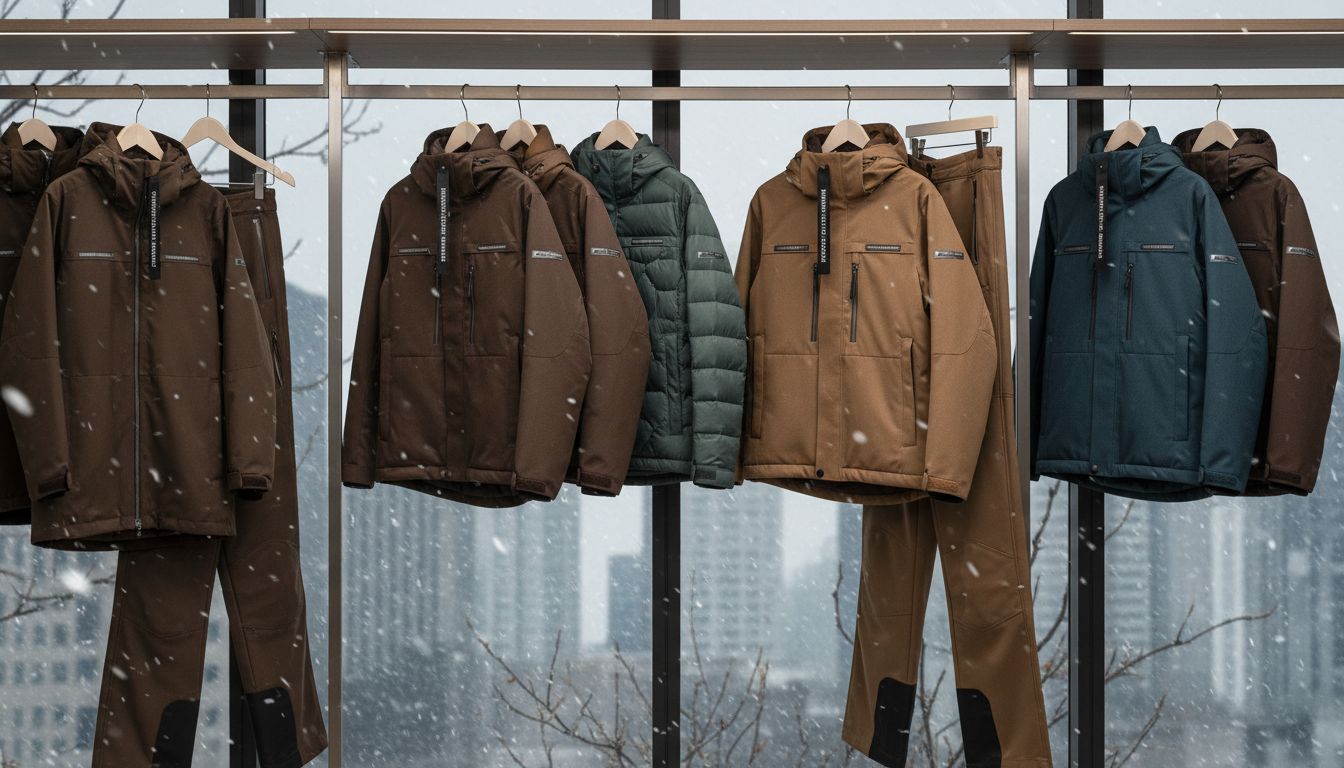 기능성 겨울 의류가 도시 배경에 세련된 디자인과 함께 방수, 방풍, 보온 기능을 갖춘 모습