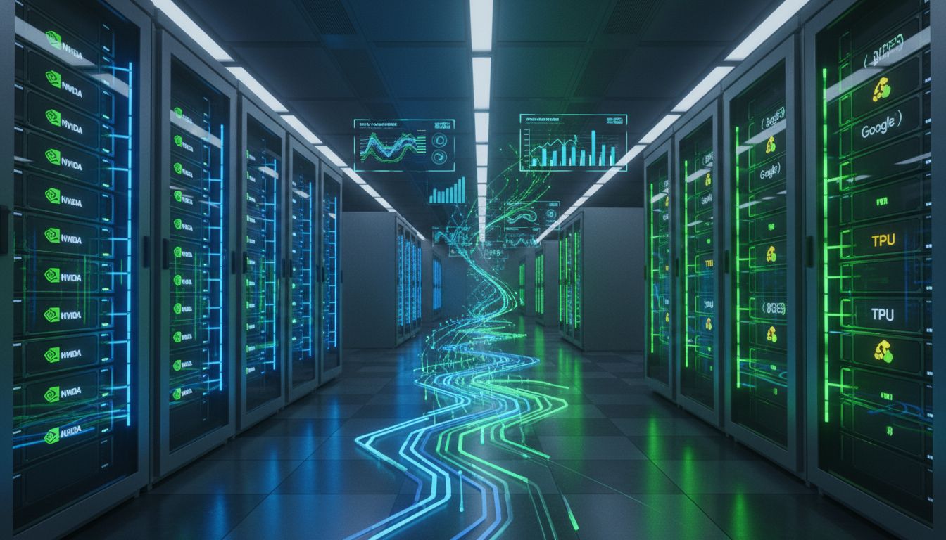 엔비디아 GPU와 구글 TPU가 나란히 설치된 첨단 데이터 센터의 모습