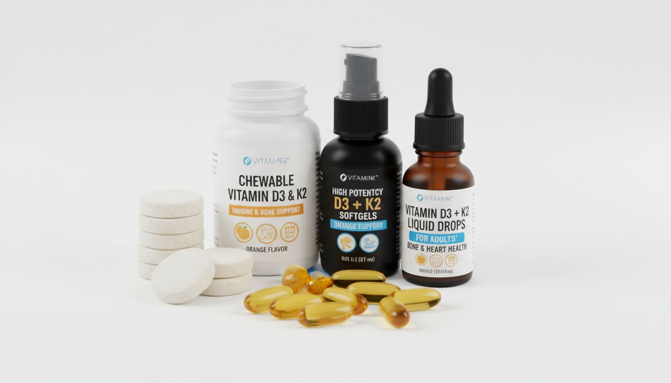 중장년층용 비타민D3와 K2 포함된 다양한 제형(연질캡슐, 츄어블, 액상)의 비타민D 보충제 제품들