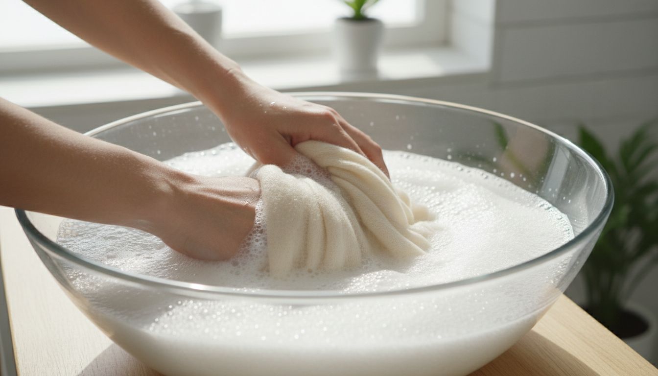 미지근한 세제 물에 담긴 캐시미어 머플러를 손바닥으로 부드럽게 눌러 세탁하는 모습