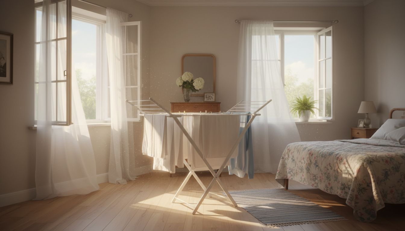 햇볕이 잘 드는 깨끗하고 환기 잘 되는 어르신 방 안의 세탁된 옷들이 건조되고 있는 모습