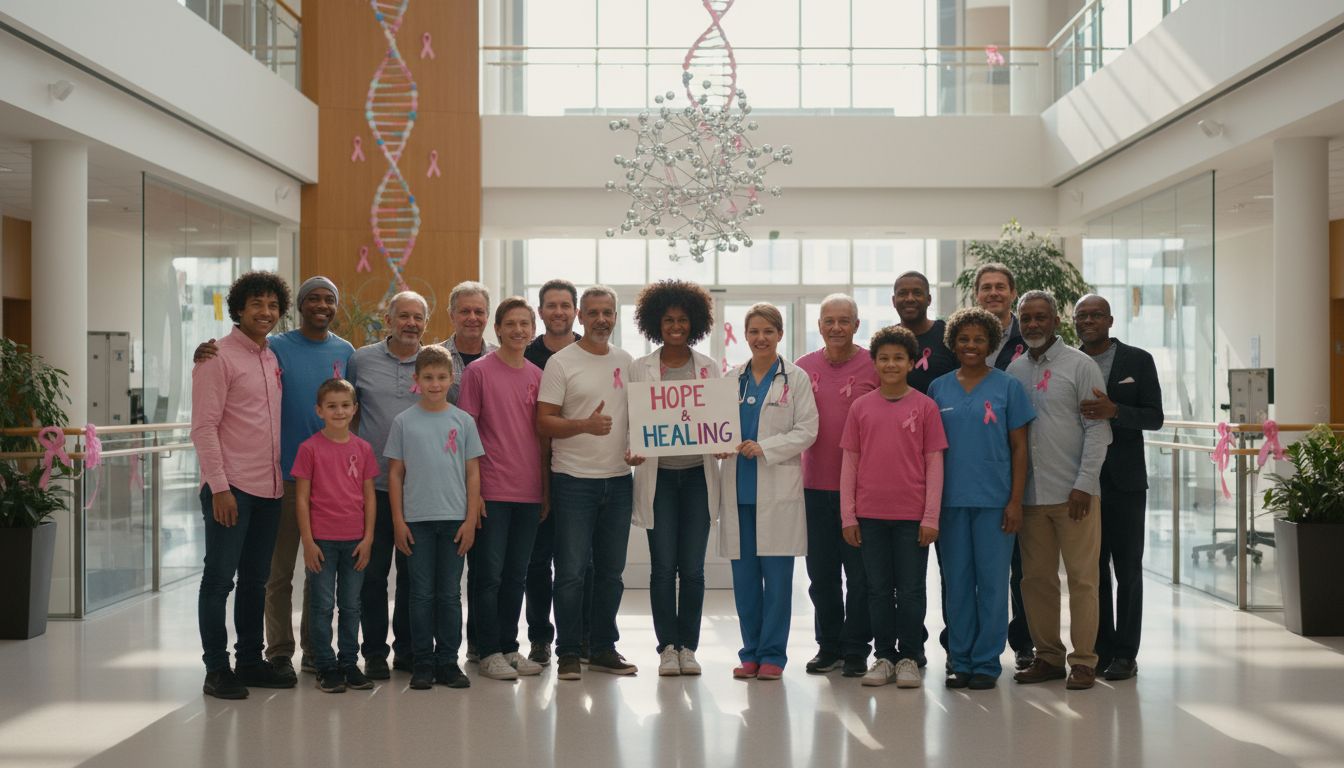 암 생존자와 환자를 나타내는 다양한 사람들이 희망적이고 지지하는 분위기의 고화질 실사 이미지