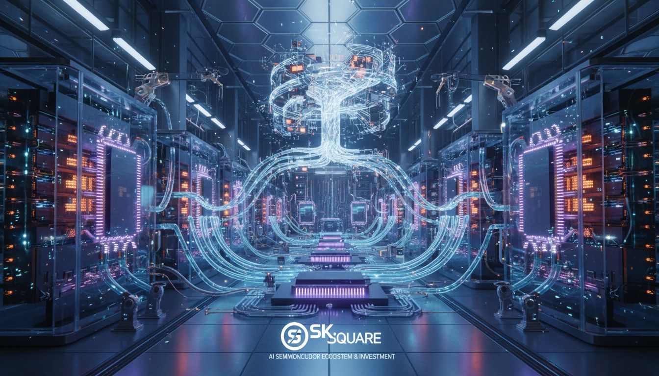 SK스퀘어 AI 반도체 생태계와 투자 전략을 상징하는 AI 데이터센터의 메모리 칩, AI 프로세서, 냉각 기술의 연결 모습