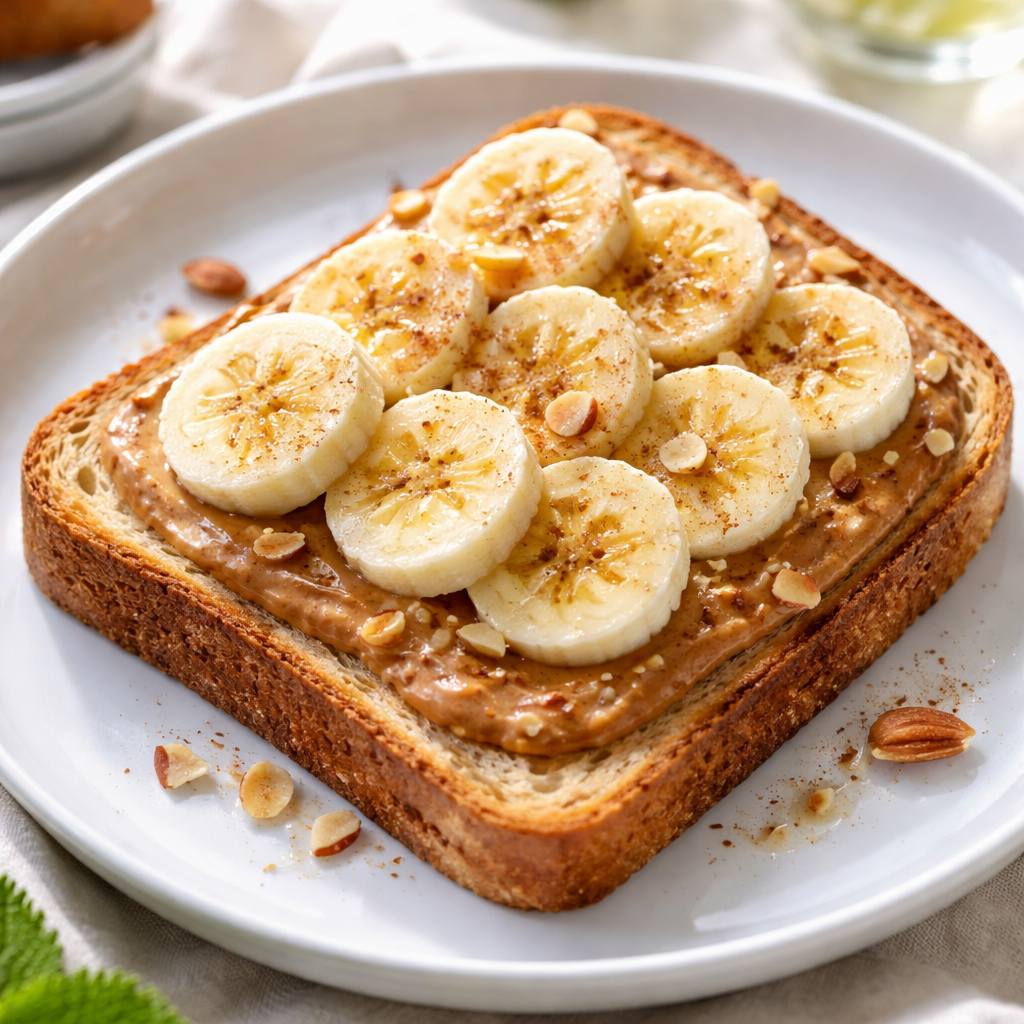 아몬드버터 바나나 토스트가 하얀 접시에 담긴 모습