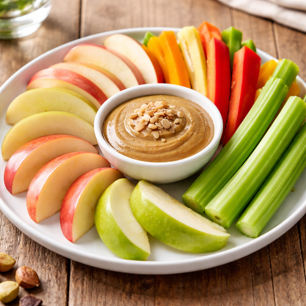 사과와 채소 스틱, 아몬드버터 딥 소스가 함께 있는 건강한 다이어트 간식 이미지