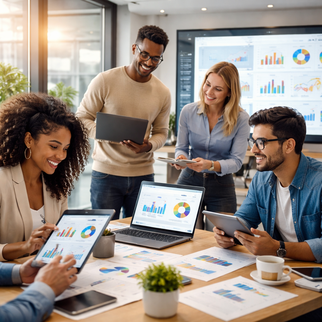 직장인들이 디지털 기기 앞에서 협력하며 커리어 성장과 지식 구독 서비스의 효율적 학습 환경을 나타내는 모습
