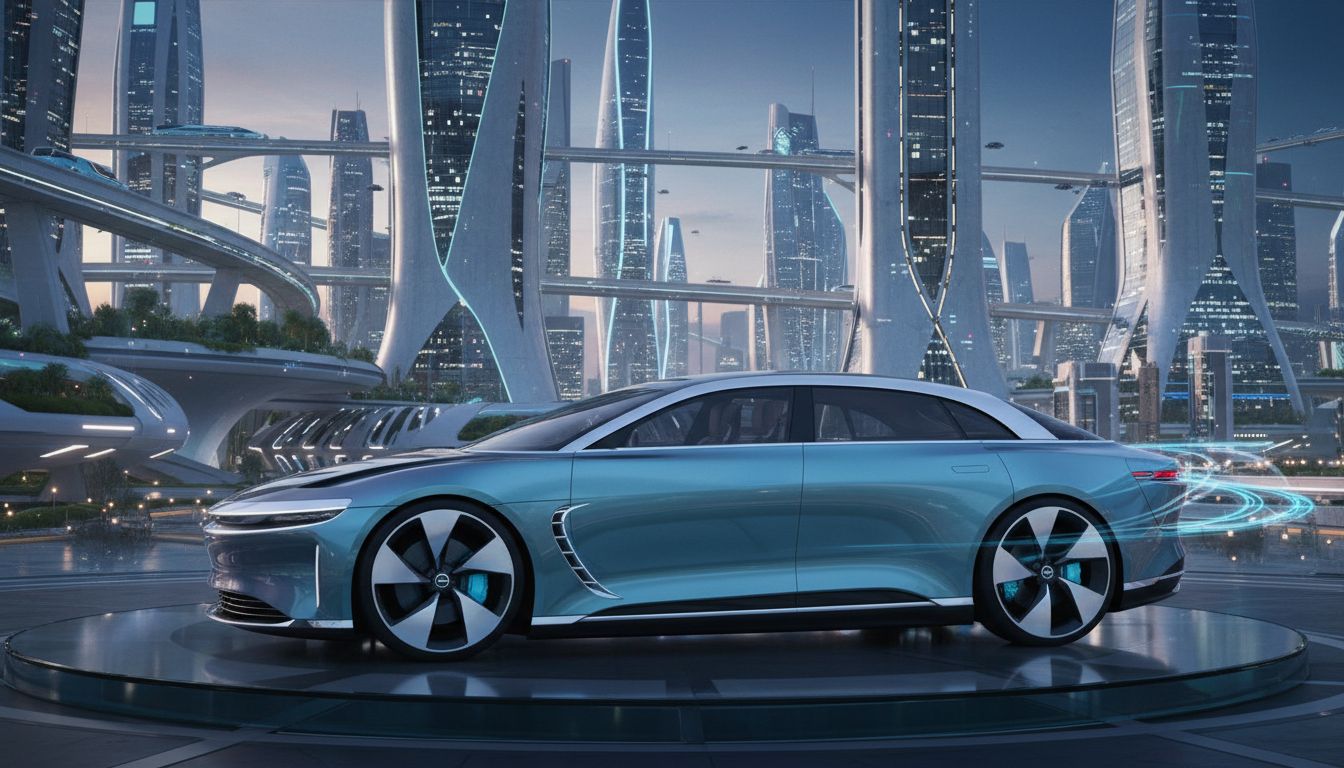 매끄러운 곡선을 갖춘 루시드 에어 전기 럭셔리 세단과 미래적 도시 배경의 공기역학적 디자인을 보여주는 이미지