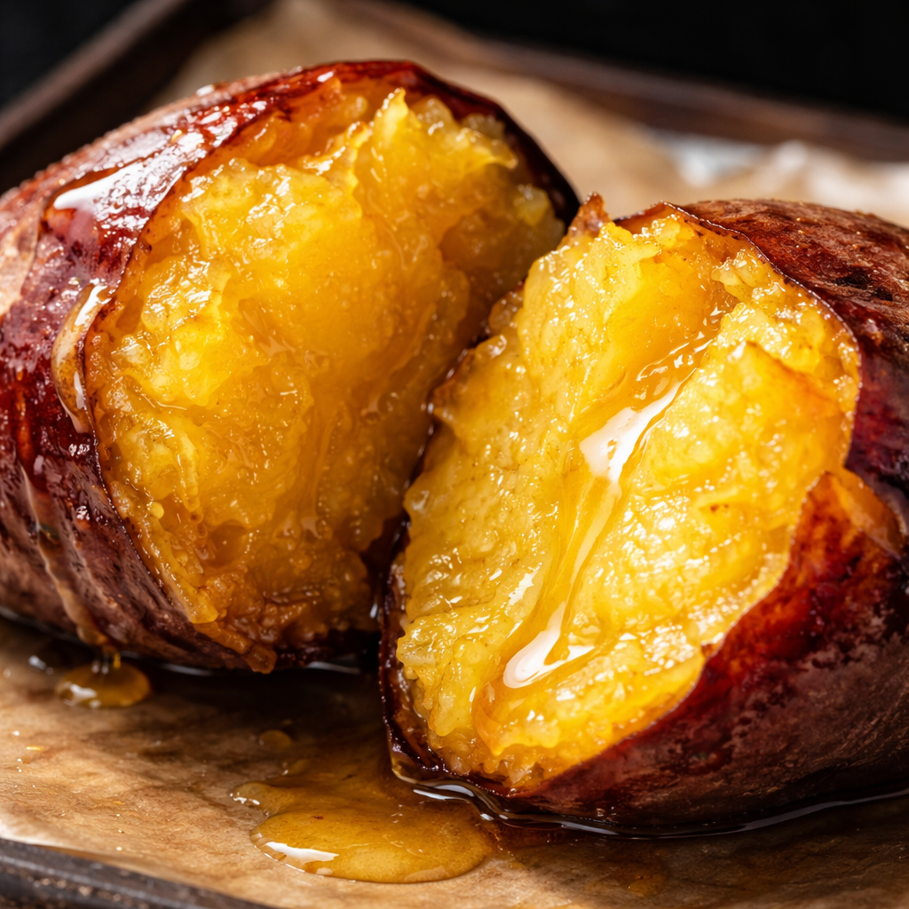 속살이 촉촉하고 윤기가 흐르는 베니하루카(꿀고구마)의 반쪽 찐 모습