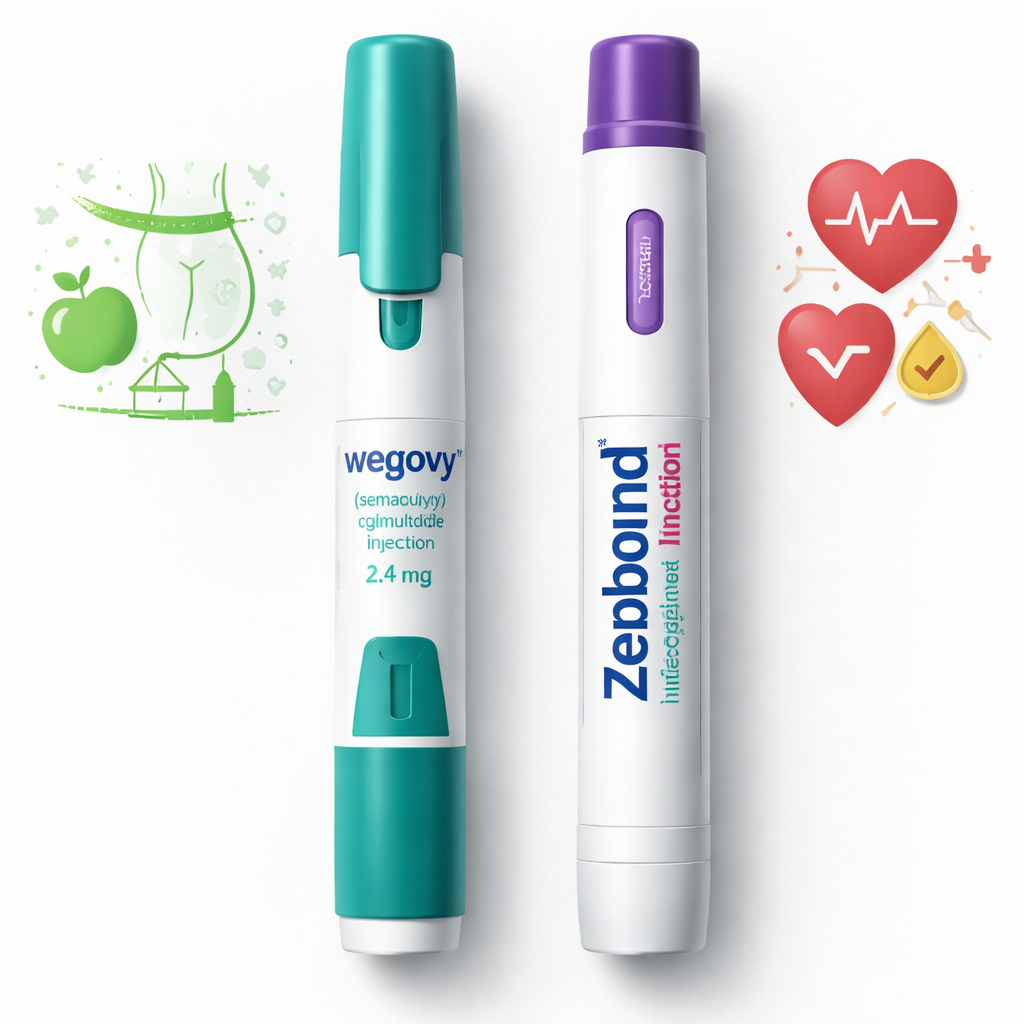 최신 비만 치료 신약 위고비와 젭바운드 주사제의 주요 특징과 효과를 비교하는 이미지