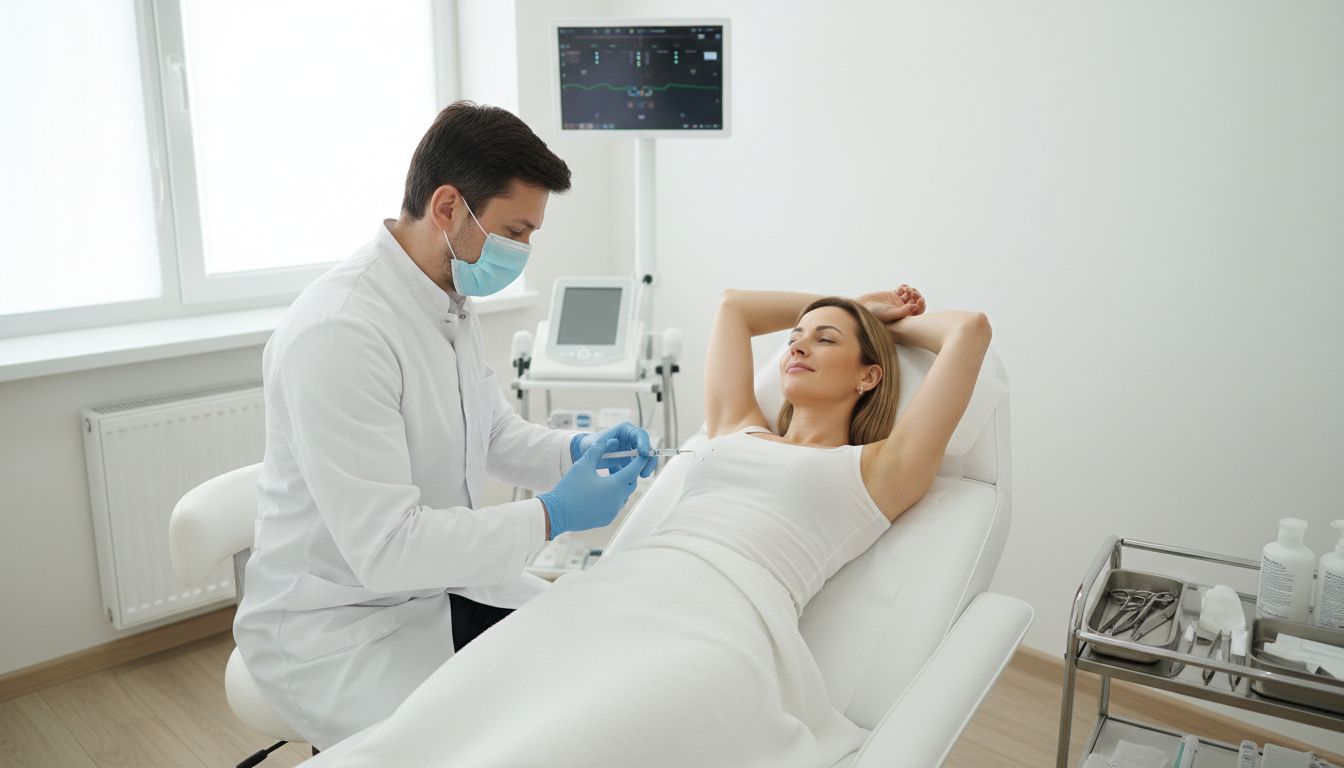 병원에서 의사가 환자의 겨드랑이에 보톡스 주사를 놓는 비수술적 치료 장면